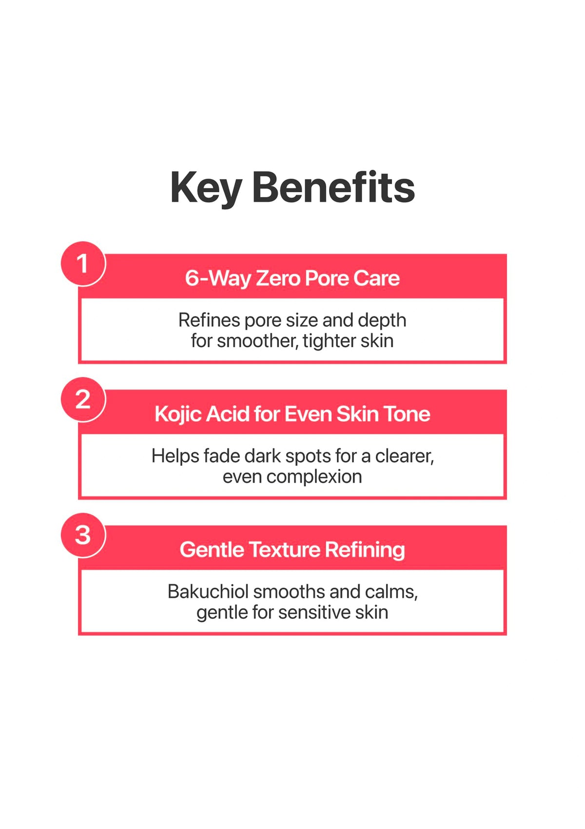 Key benefits of a skincare product on a white background